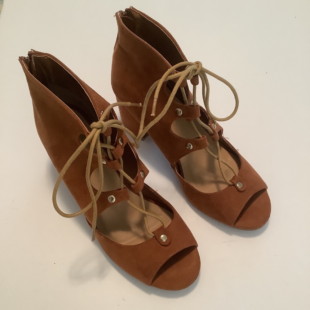 Bamboo All Manmade Material Open Toe Ankle Boots Tan Size 8